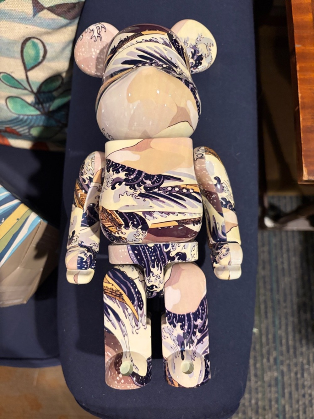Bearbrick, Giant Wave- Decorative Wave-Pattern Bear Figurine in Blue and Cream